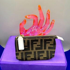 Fendi Zip Pouch brown monogram with white 5x3.5